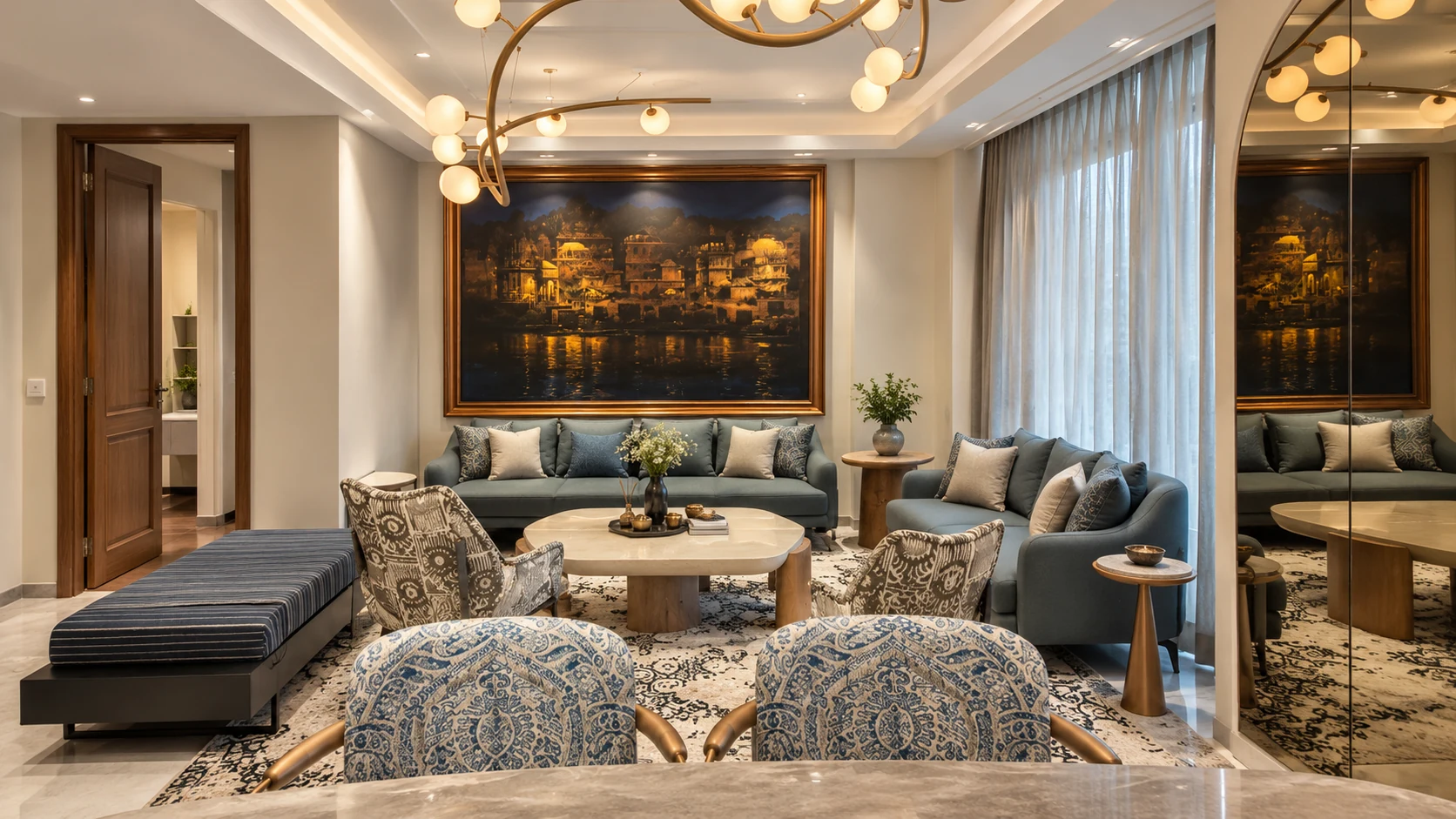 Living room with coordinated seating, lighting, artwork and finishes
