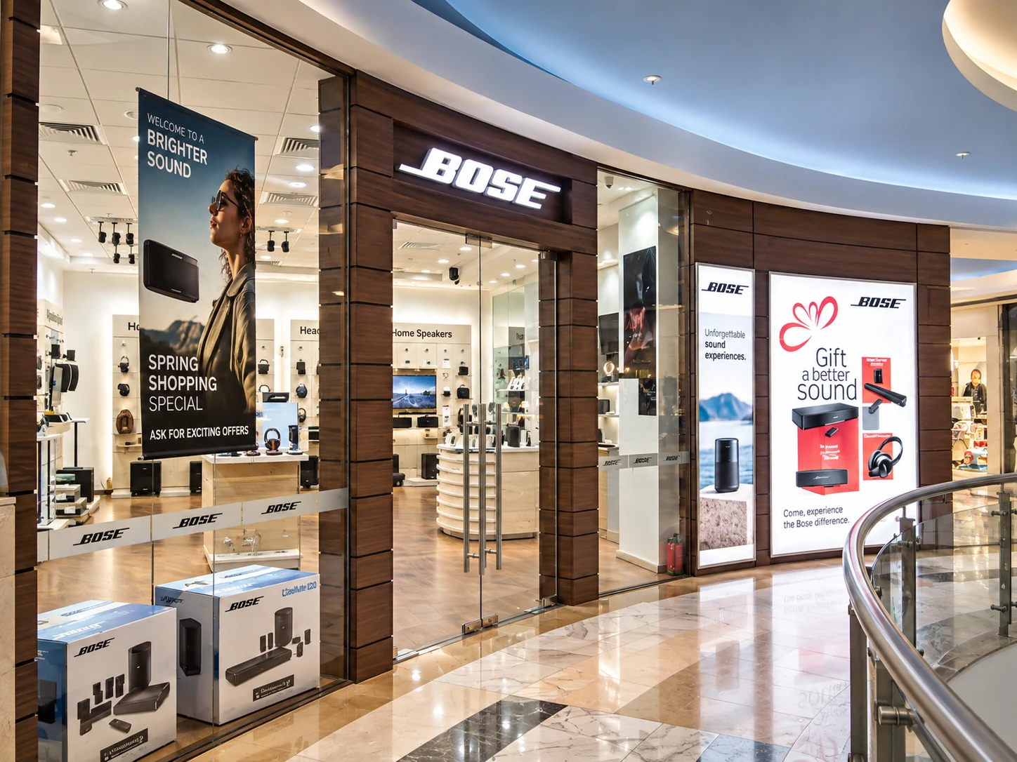 Bose showroom entrance with glazed storefront and product displays