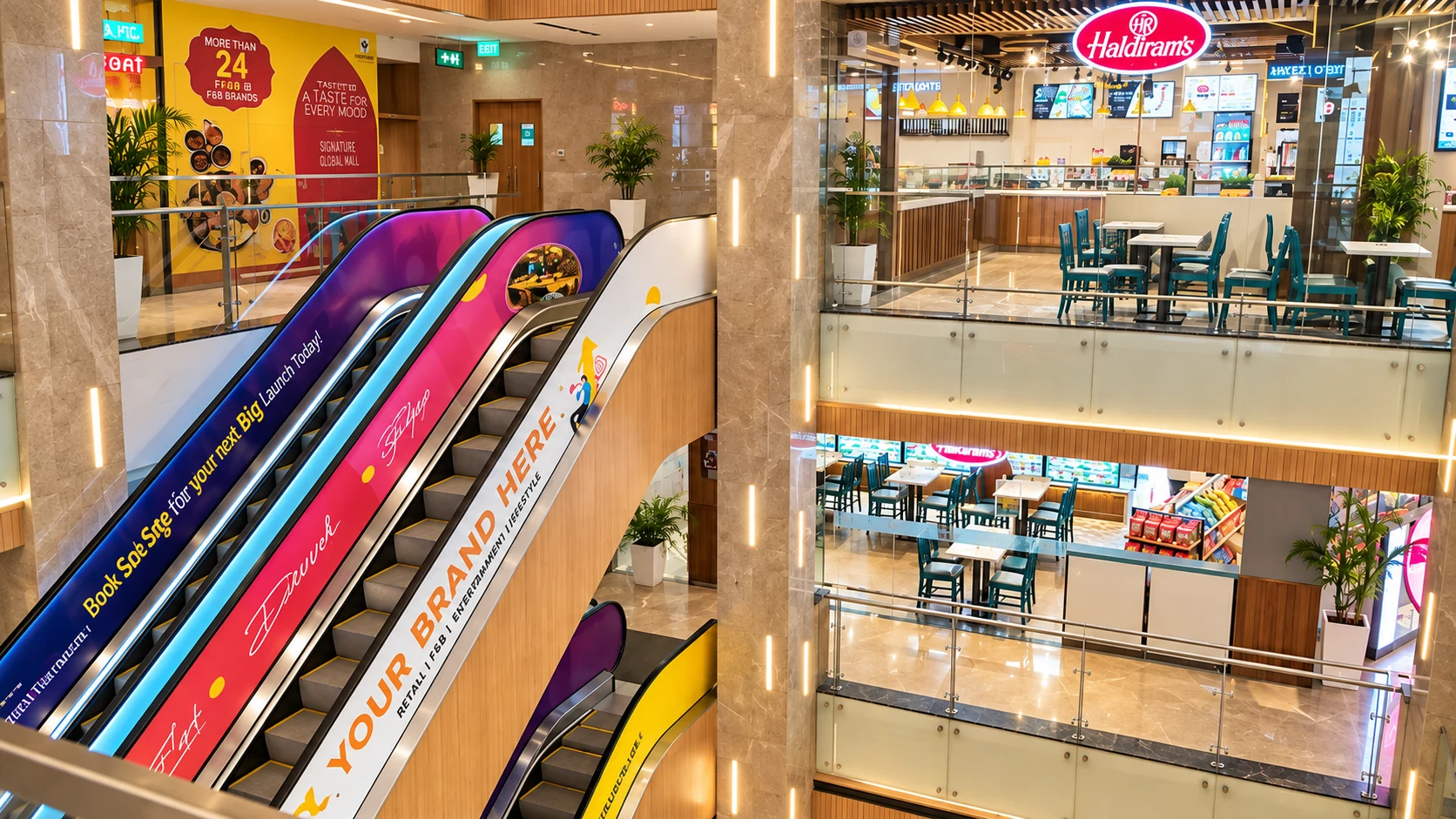 Shopping mall escalators connecting retail levels
