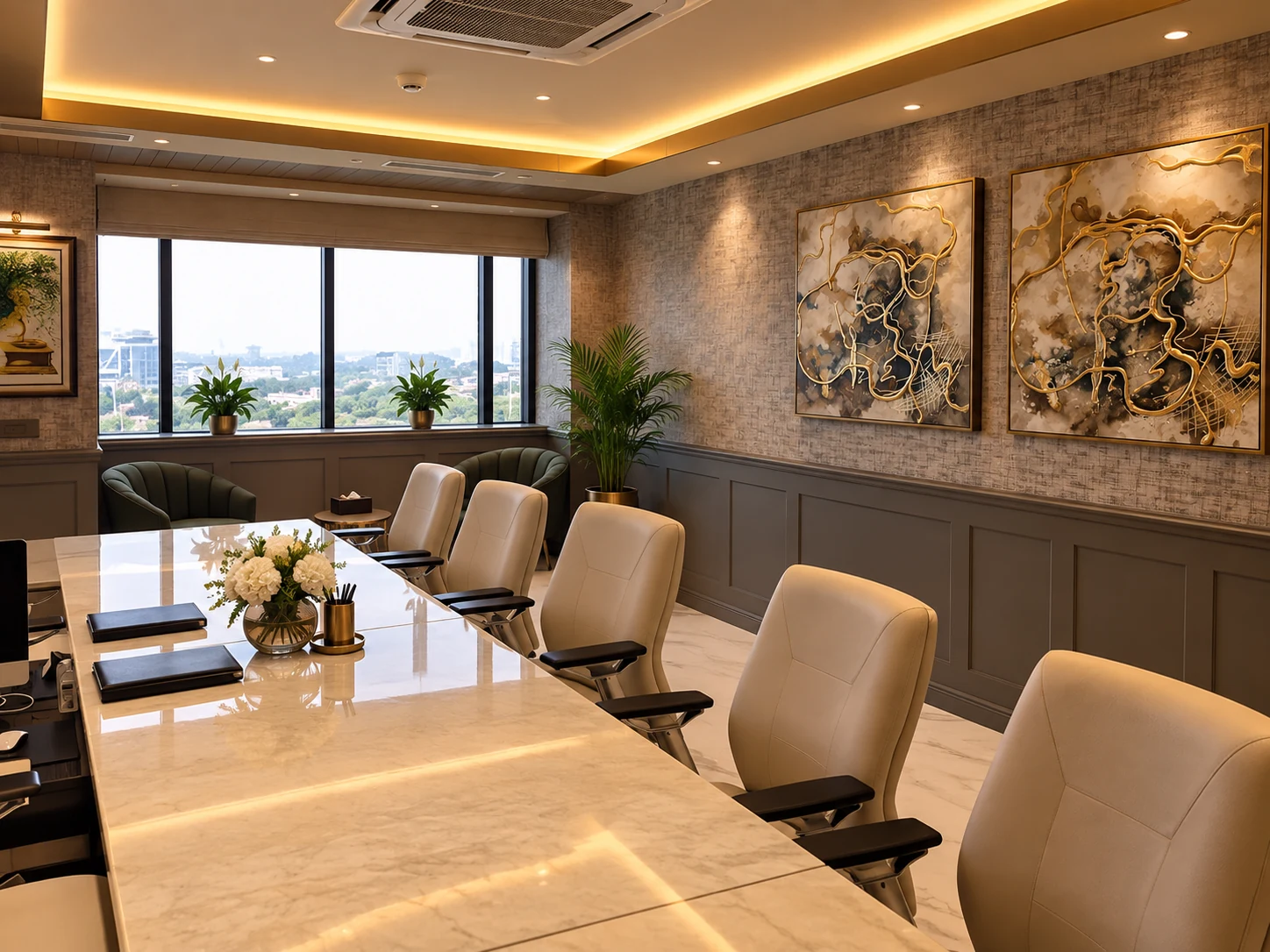 Boardroom with a long conference table and coordinated interior finishes