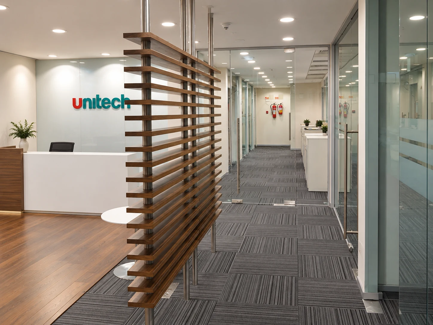 Office reception and corridor with timber screens and glass partitions