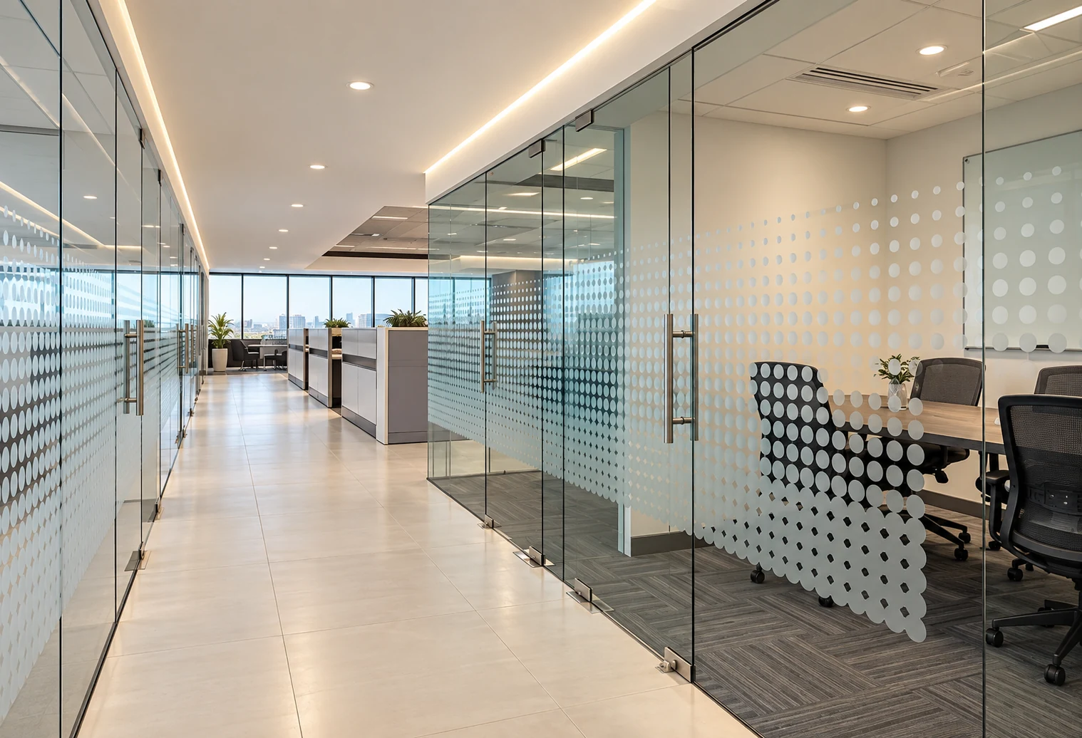 Office corridor with glass partitions, ceiling lighting and ventilation grilles