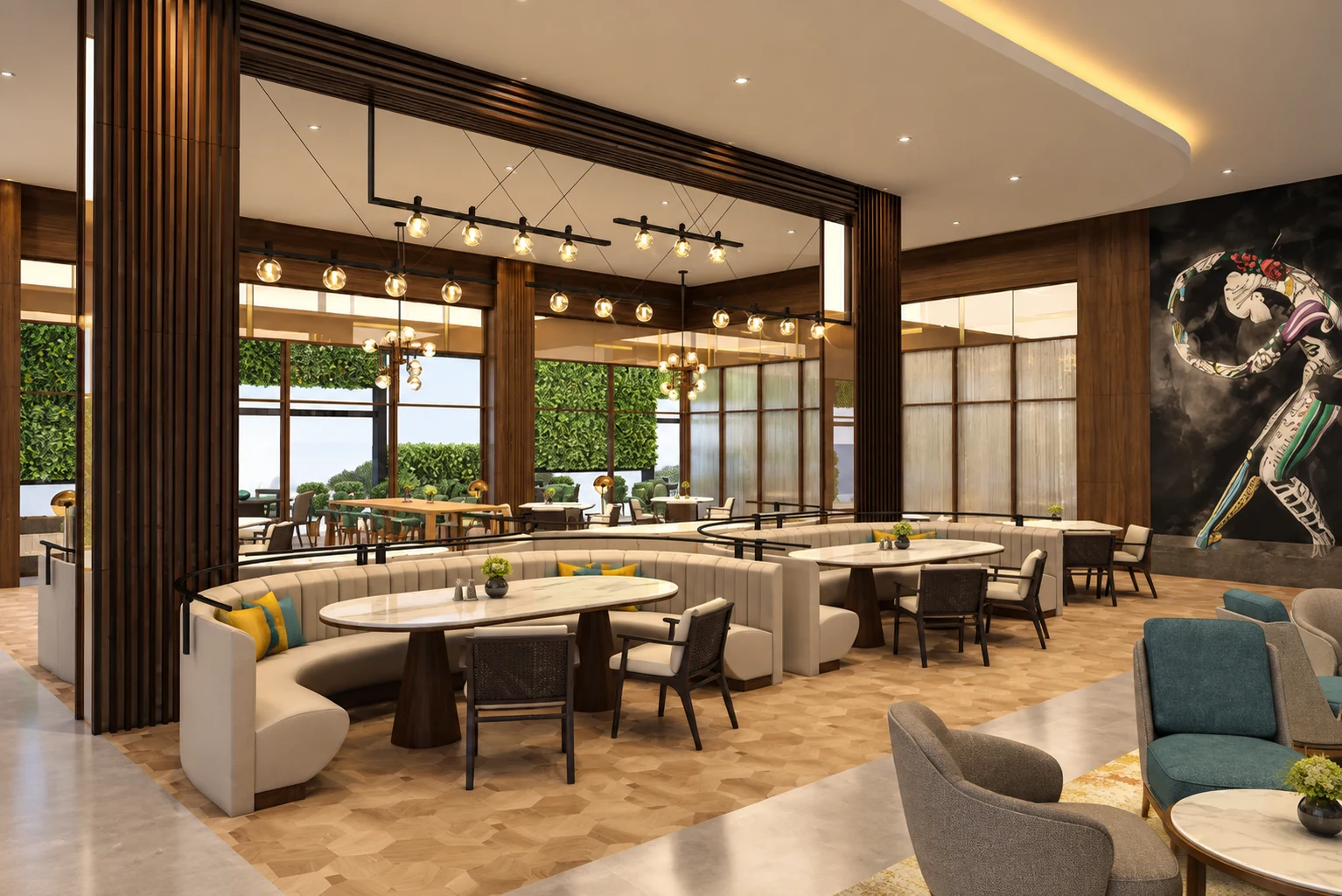 Completed restaurant interior with fitted seating, lighting and timber finishes