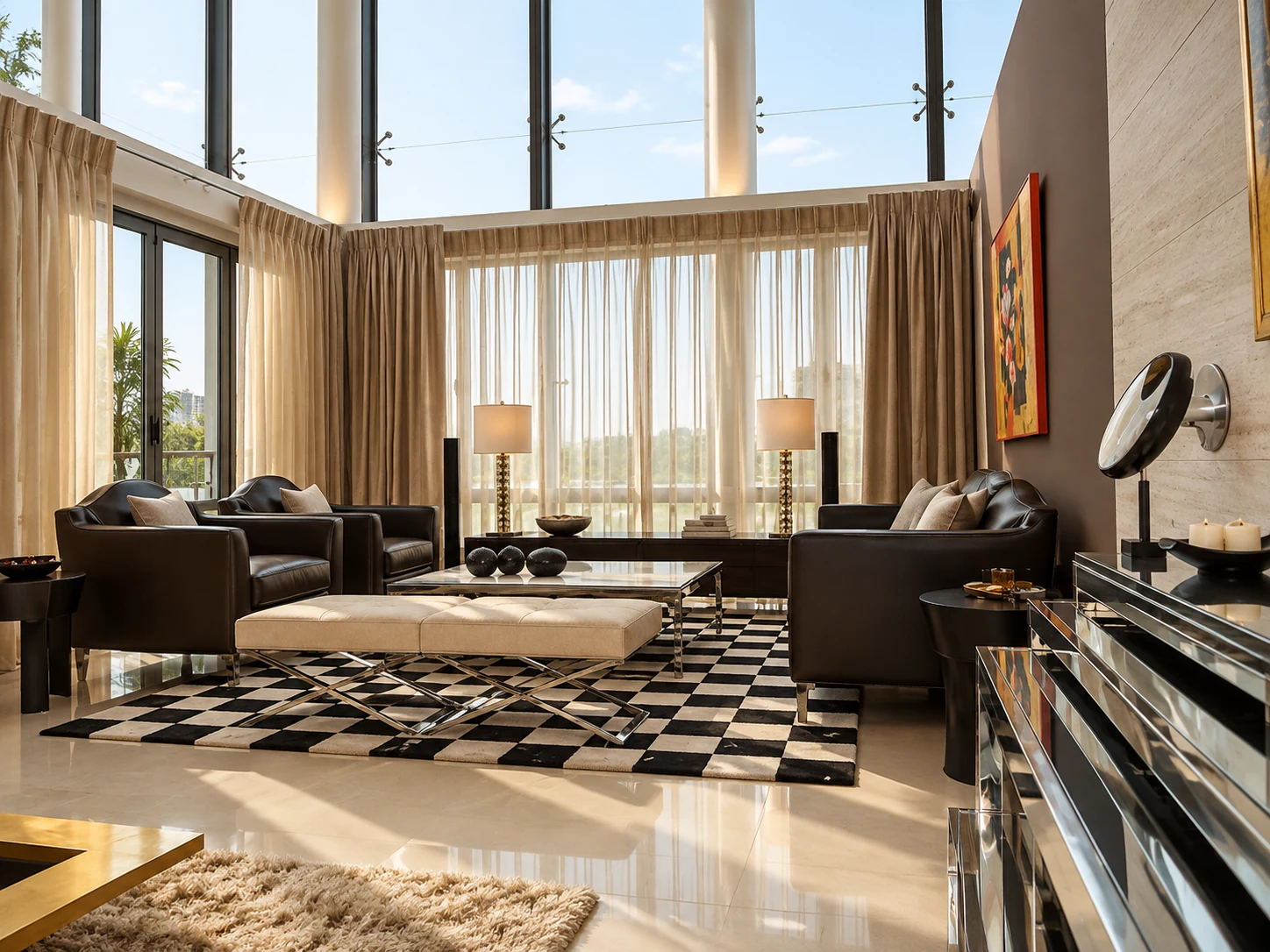 Double-height residential living room with full-height glazing and coordinated lounge seating