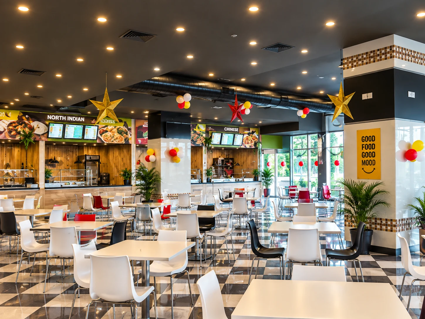 Kolkata Unitech food court with dining tables and illuminated food outlets