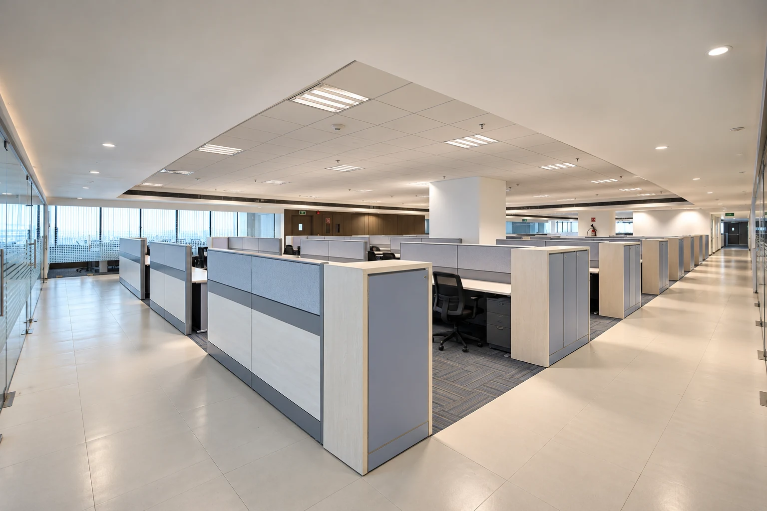 Open-plan office with workstations, glass partitions and full-height windows