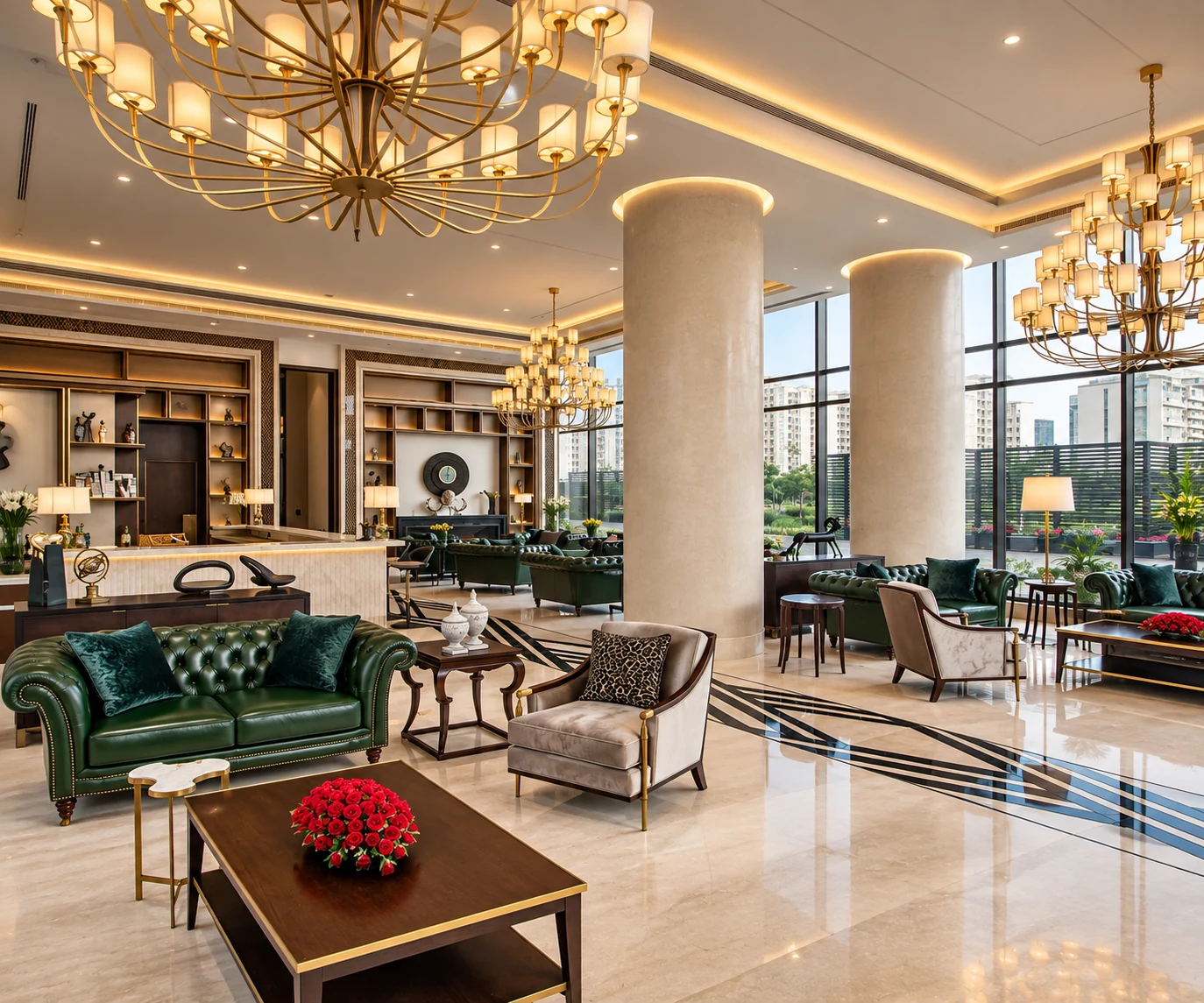 Hotel lounge with chandeliers, generous seating and tall windows